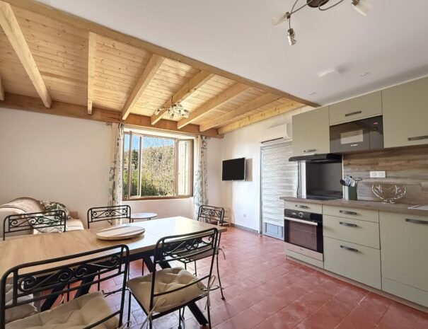 Vue de la cuisine aménagée du Mas de La Rochette, chambre d'hôtes à Lagorce en Ardèche